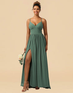 Eucalyptus A-Line Spaghetti Straps Floor Length Chiffon Bridesmaid Dress with Split