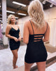 Black Glitter Spaghetti Straps Backless Homecoming Dress