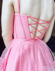 Hot Pink A-Line Lace Up Tulle Homecoming Dress