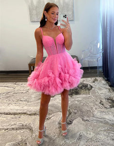 Hot Pink A-Line Lace Up Tulle Homecoming Dress