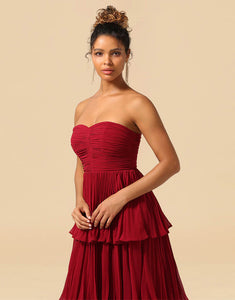 A-Line Burgundy Strapless Long Tiered Chiffon Bridesmaid Dress