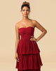 A-Line Burgundy Strapless Long Tiered Chiffon Bridesmaid Dress