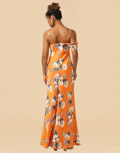 Orange Print Flower Asymmetrical Satin Bridesmaid Dress