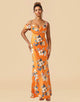Orange Print Flower Asymmetrical Satin Bridesmaid Dress
