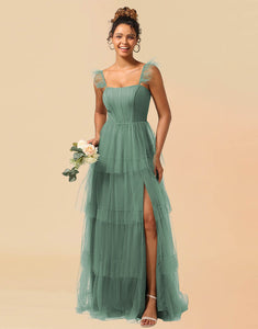 A-Line Detachable Straps Lace Up Tulle Bridesmaid Dress With Split