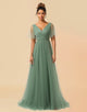 A-Line V-Neck Floor Length Tulle Bridesmaid Dress