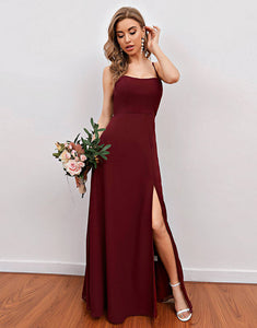 Burgundy Spaghetti Straps Long Bridesmaid Dress with Split