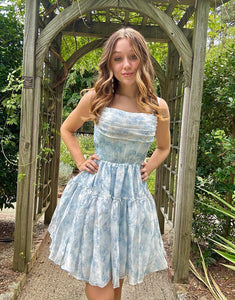 Blue Printed Off the Shoulder Homecoming Dress with Ruffles
