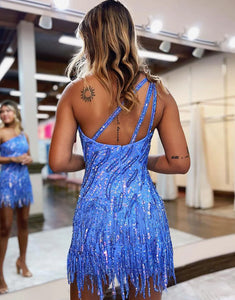 One Shoulder Blue Tight Sparkly Homecoming Dress with Fringes