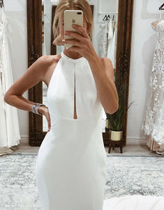 White Halter Open Back Long Wedding Dress