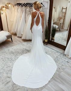 White Halter Open Back Long Wedding Dress