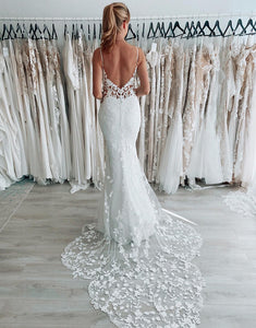 White Spaghetti Straps Backless Long Wedding Dress with Lace