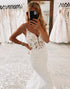 White Spaghetti Straps Backless Long Wedding Dress with Lace