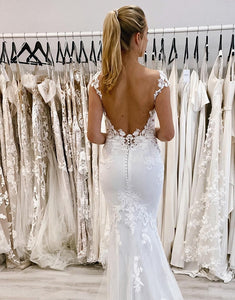 White Mermaid Deep V-Neck Long Wedding Dress with Lace