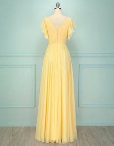 Yellow V-neck Long Bridesmaid Dress