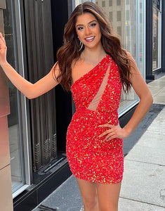 Red One Shoulder Sparkly Bodycon Homecoming Dress