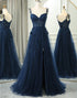 Navy A Line Spaghetti Straps Long Prom Dress With Appliques