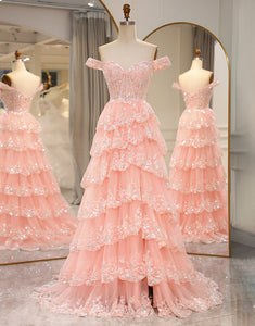 A Line Off the Shoulder Blush Long Prom Dress with Appliques