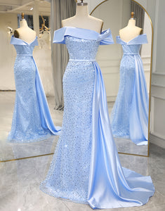 Blue Sequins Long Prom Dress with Split