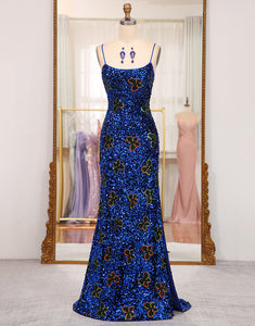 Sparkly Royal Blue Lace Up Long Sequined Prom Dress With Slit