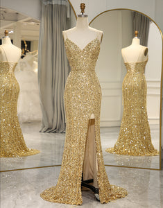 Golden Sequins Long Prom Dress with Split Front