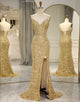 Golden Sequins Long Prom Dress with Split Front