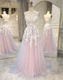 A Line Deep V Neck Grey Pink Long Prom Dress with Appliques