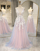 A Line Deep V Neck Grey Pink Long Prom Dress with Appliques