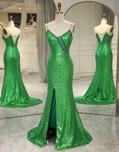 Green Sequins Long Prom Dress with Split Front