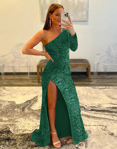 Dark Green One Shoulder Sequined Prom Dress With Slit