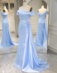 Blue Sequins Long Prom Dress with Split