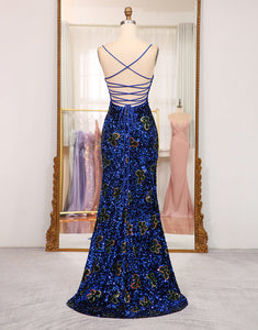 Sparkly Royal Blue Lace Up Long Sequined Prom Dress With Slit
