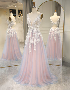 A Line Deep V Neck Grey Pink Long Prom Dress with Appliques