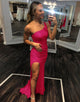 Red Mermaid One Shoulder Sequins Prom Dress With Slit