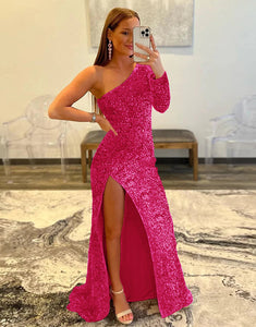 Red One Shoulder Sequined Prom Dress With Slit