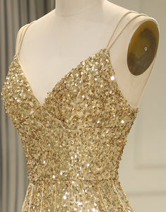 Golden Sequins Long Prom Dress with Split Front