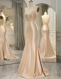 Champagne Spaghetti Straps Long Mermaid Prom Dress