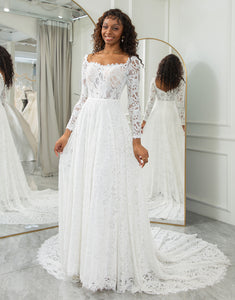 Ivory Square Neck Boho Chiffon Wedding Dress With Lace