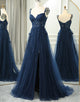 Navy A Line Spaghetti Straps Long Prom Dress With Appliques