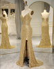 Golden Sequins Long Prom Dress with Split Front