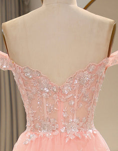 A Line Off the Shoulder Blush Long Prom Dress with Appliques