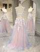 A Line Deep V Neck Grey Pink Long Prom Dress with Appliques