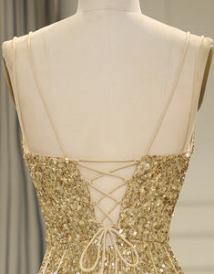 Golden Sequins Long Prom Dress with Split Front