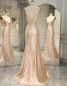 Champagne Spaghetti Straps Long Mermaid Prom Dress