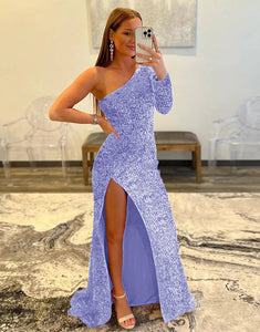 Red One Shoulder Sequined Prom Dress With Slit