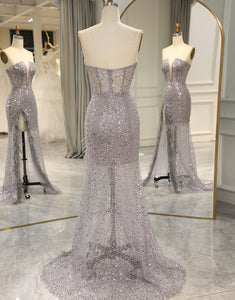 Sparkly Grey Strapless Mermaid Prom Dress With Split