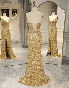 Golden Sequins Long Prom Dress with Split Front