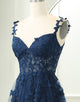 Navy A Line Spaghetti Straps Long Prom Dress With Appliques
