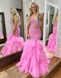 Pink Mermaid Tiered Off The Shoulder Lace Long Prom Dress