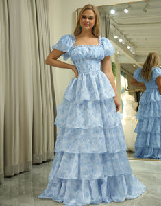 Light Blue A Line Off The Shoulder Long Tiered Long Prom Dress